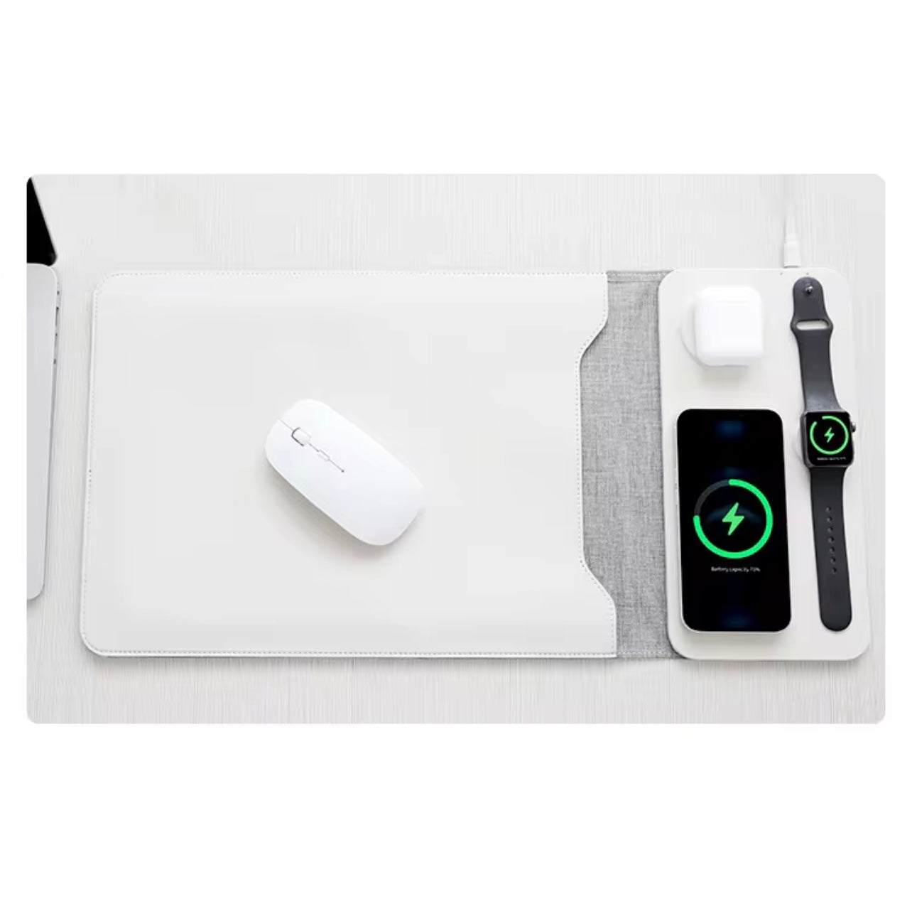 Wit Laptophoes met draadloze oplader USB C geschikt voor Smartphone , smartwachtes en draadloze oordoppen. Kantoor bureau - Ondernemers.