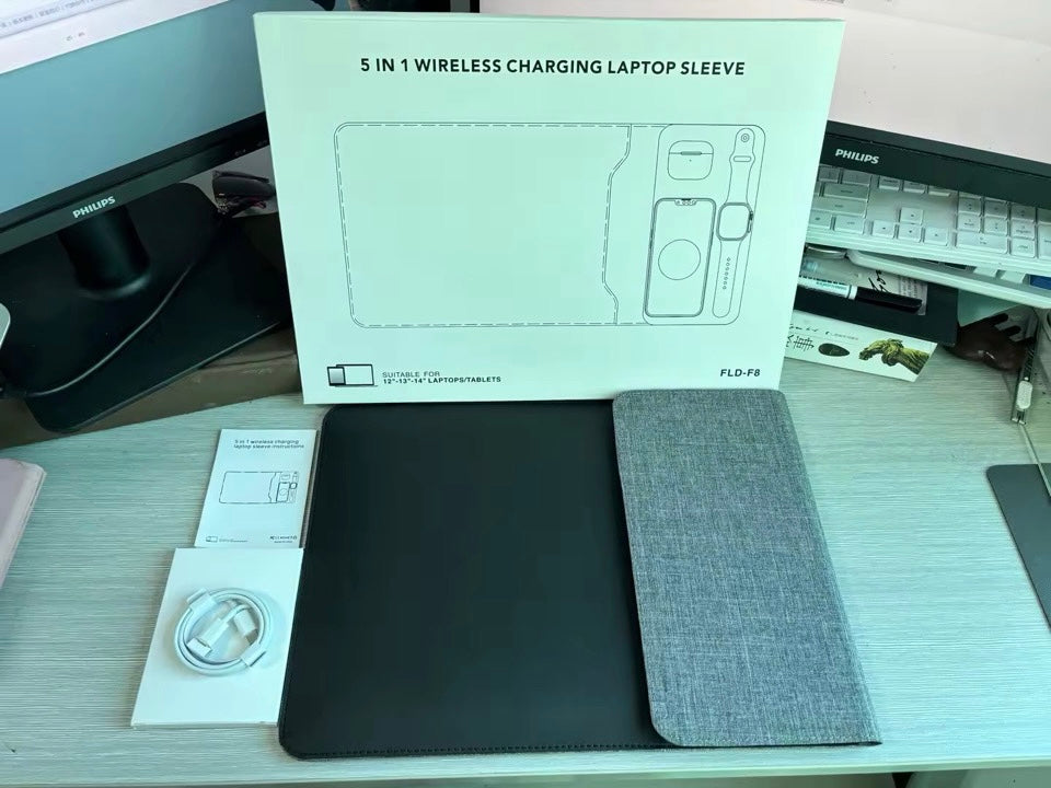 Zwart Laptophoes met draadloze oplader geschikt voor Smartphone , Smartwatches en draadloze oordoppen. Kantoor bureau - Ondernemers .