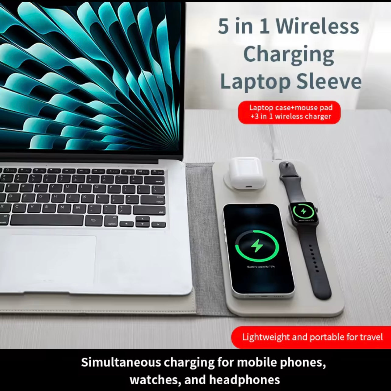 Wit Laptophoes met draadloze oplader USB C geschikt voor Smartphone , smartwachtes en draadloze oordoppen. Kantoor bureau - Ondernemers.