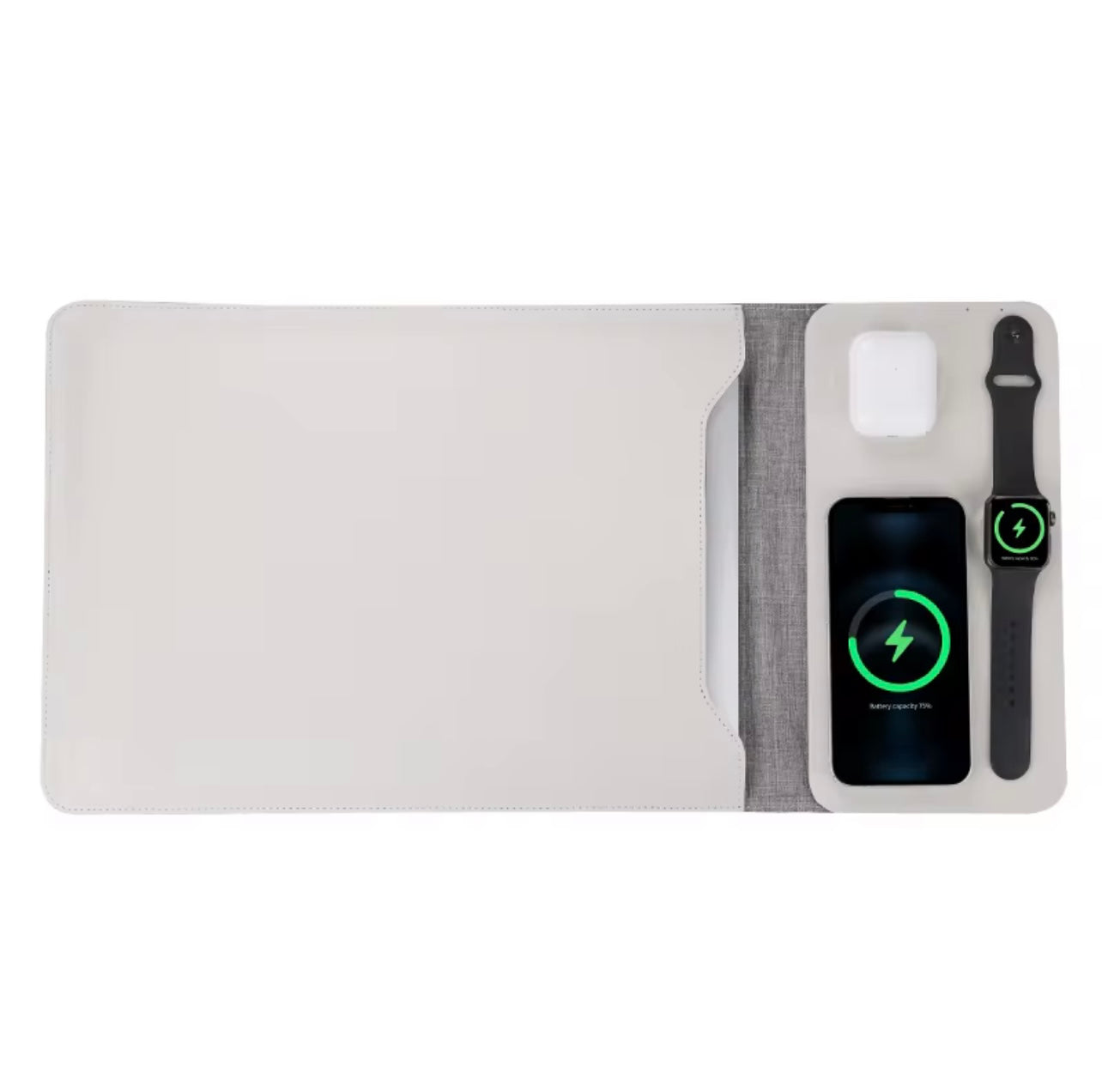 Wit Laptophoes met draadloze oplader USB C geschikt voor Smartphone , smartwachtes en draadloze oordoppen. Kantoor bureau - Ondernemers.
