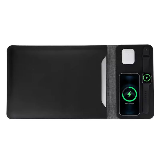 Zwart Laptophoes met draadloze oplader geschikt voor Smartphone , Smartwatches en draadloze oordoppen. Kantoor bureau - Ondernemers .
