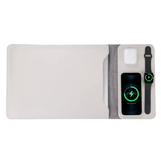 Wit Laptophoes met draadloze oplader USB C geschikt voor Smartphone , smartwachtes en draadloze oordoppen. Kantoor bureau - Ondernemers.